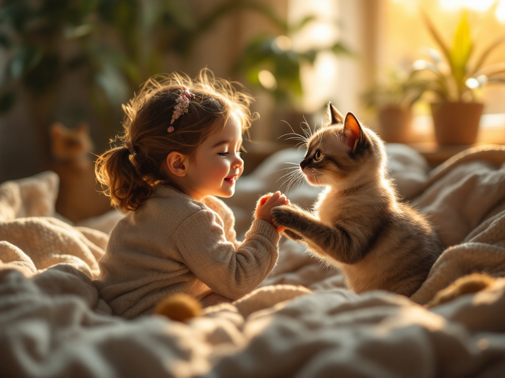 Девочка играет с котенком бурманской породы
